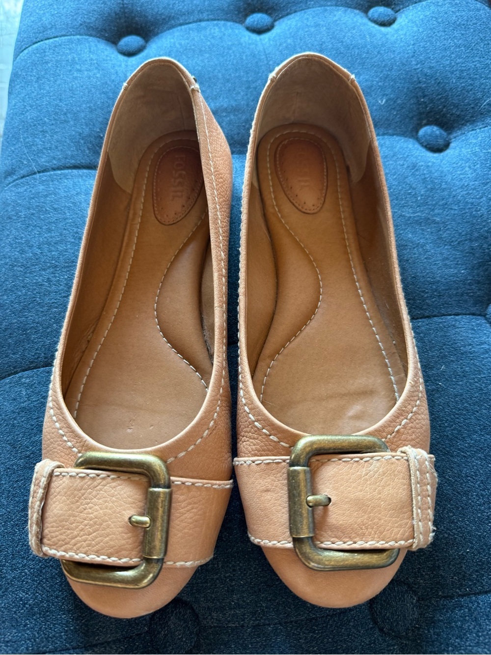 Fossil Women's Tan Leather Ballet Flats with Antique Buckle